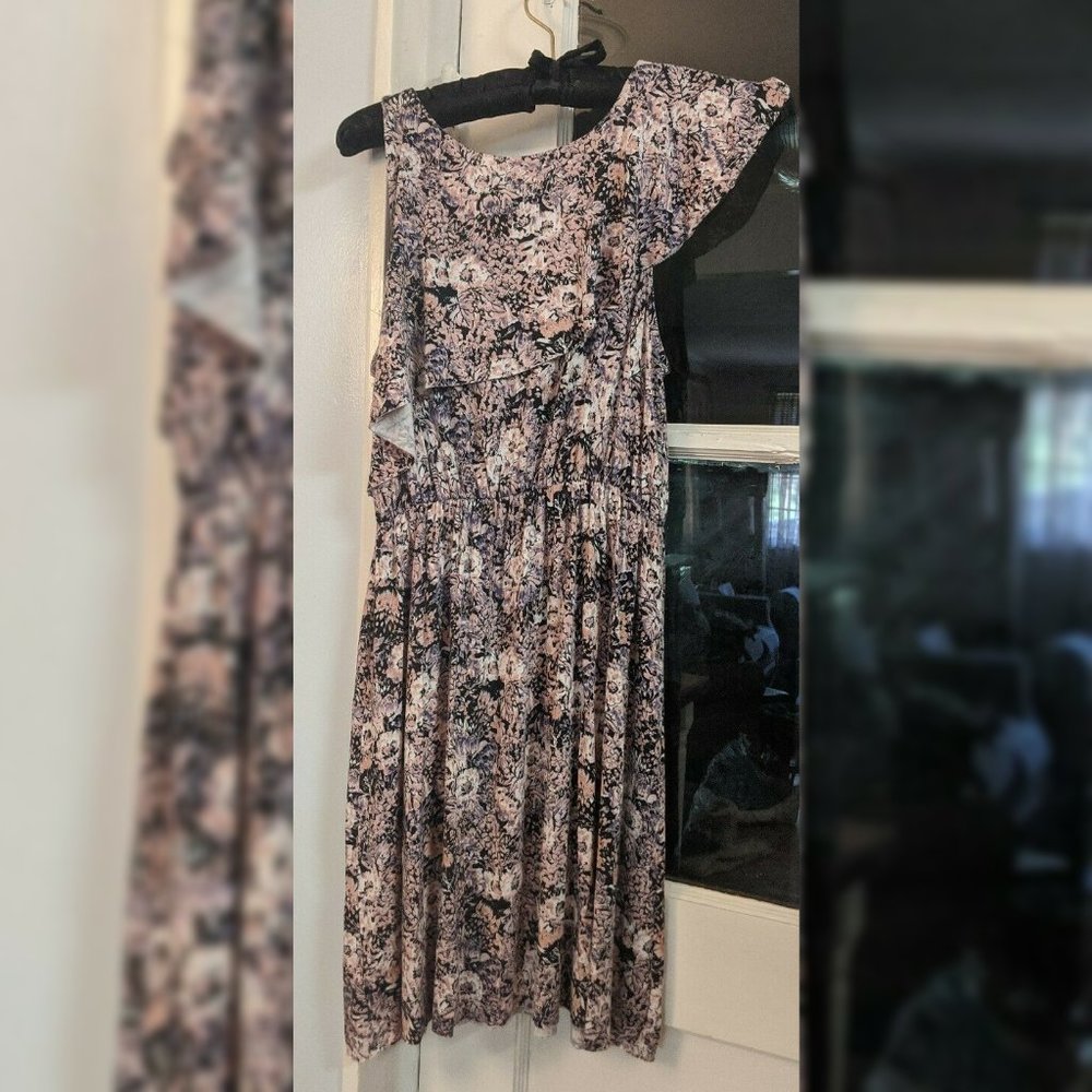 Kimchi Cute Black Pink Floral Dress Straps Sleeveless Asymmetrical Ruffles Sz Sm
